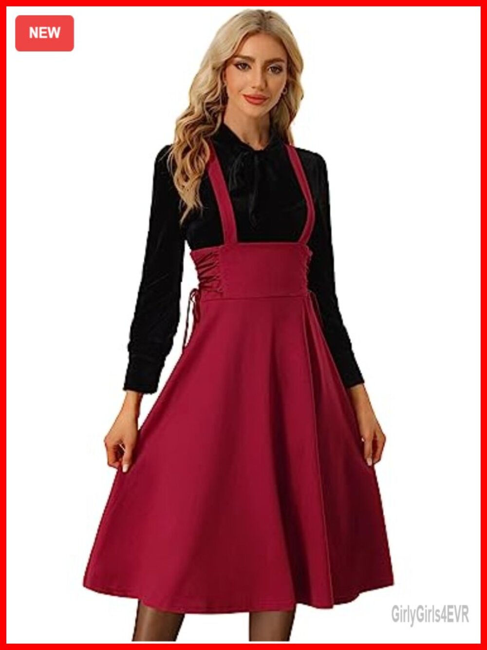 Vintage High Waisted Lace Up Flared Midi Suspender Skirt